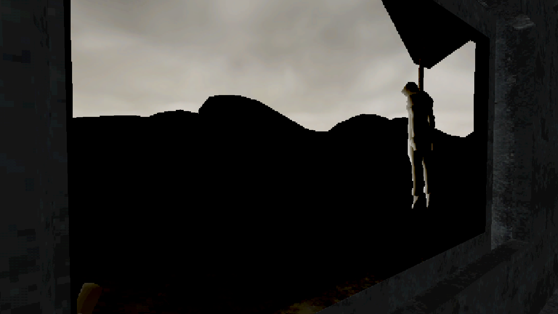 PS1 styled retro game scene of man hanging by a noose from outside building.